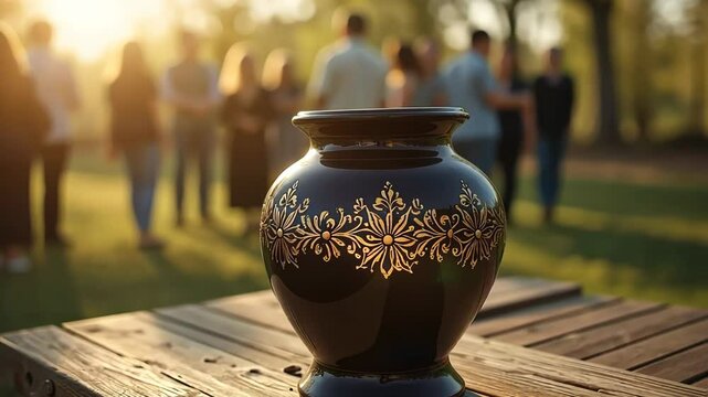  Black urn with gold floral designs on a wooden table in a park