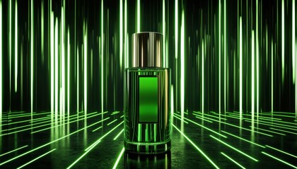 Obraz premium A luxury facial oil bottle embedded with a real-time AI scanner, displaying skin moisture levels in a soft holographic projection, futuristic self-care innovation