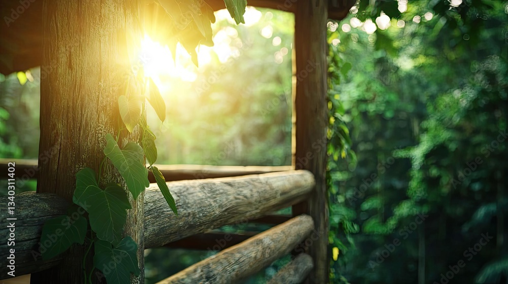 Poster treehouse in the woods landscapes concept. serene sunlight filters through lush green leaves in a tr