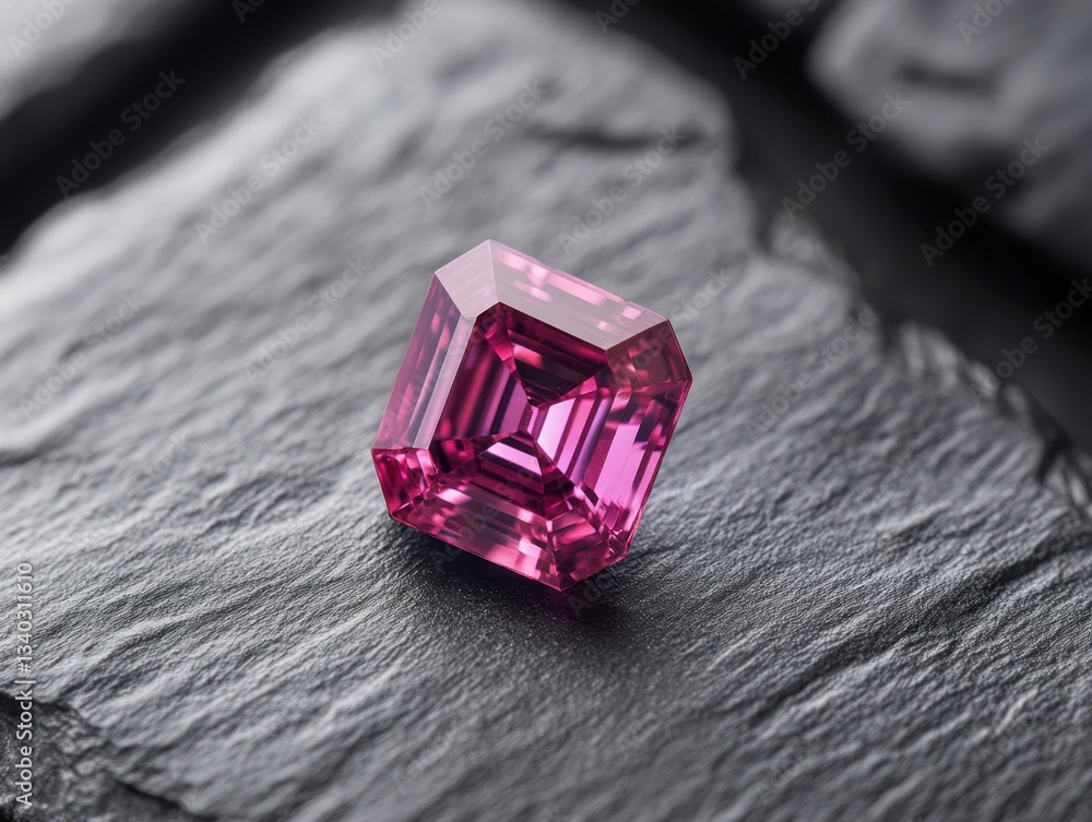 Poster radiant pink tourmaline gemstone resting on textured slate surface a captivating display of light an