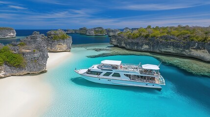 Luxury yacht, tropical lagoon, island hopping, turquoise water, sunny day, travel brochure