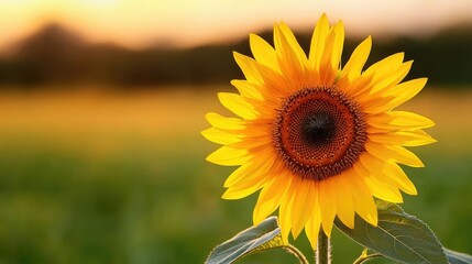 Fototapeta premium Macro flowers landscapes concept. A vibrant sunflower standing tall, showcasing its bright yellow petals against a serene backdrop.