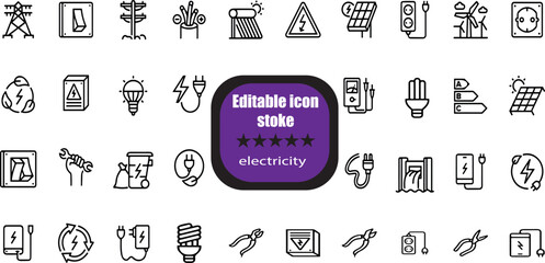 outline icons related to electricity. Linear icon collection. Editable stroke.