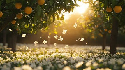 Sunlit orange grove with blossoming neroli flowers white petals and green leaves swaying in warm spring breeze  
