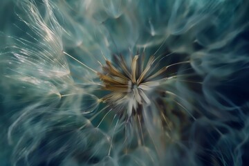 A hyper-realistic macro view of a delicate dandelion in full seed, with fine, feathery structures radiating from the center.