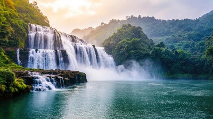 Fototapeta premium Waterfall landscapes idea. A serene waterfall cascades into a tranquil lake surrounded by lush green mountains.