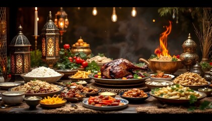 Naklejka premium A festive table set for Eid al-Adha, featuring roasted lamb, rice, and Harees, celebrating the spirit of Ramadan