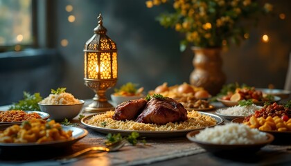 A beautifully arranged table for Eid al-Adha, showcasing roasted lamb, rice, and Harees, in honor of Ramadan