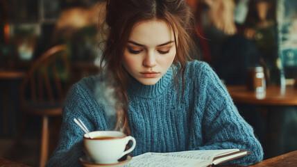 young woman with thoughtful gaze writes in journal while enjoying steaming cup of coffee in cozy cafe. warm ambiance and her blue sweater add to serene atmosphere