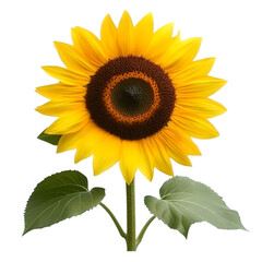 Obraz premium Vibrant yellow sunflower with dark brown center, green leaves, and stem isolated on black background.