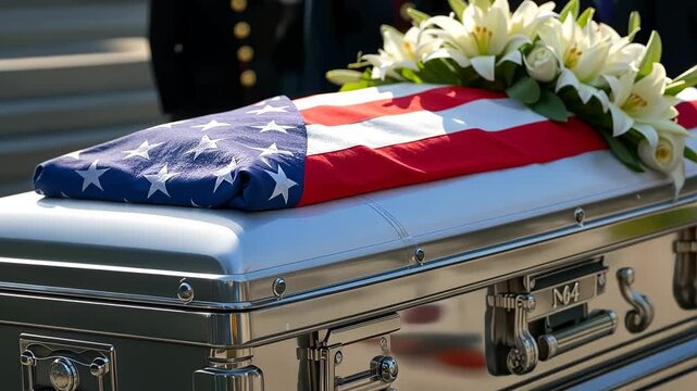  Coffin draped with American flag and adorned with white lilies at a funeral