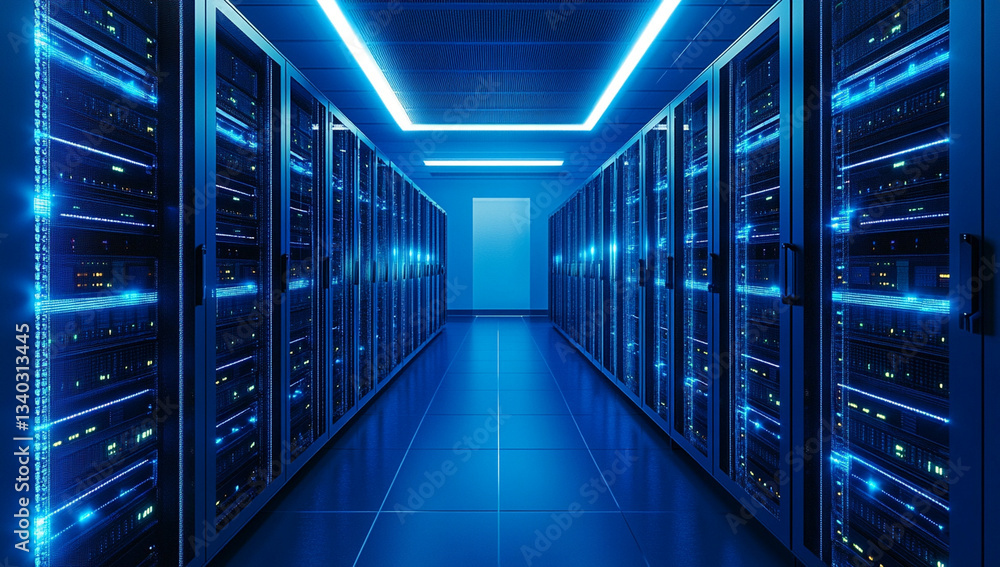 Aufkleber modern data center with rows of server racks illuminated by blue led lights, creating futuristic and