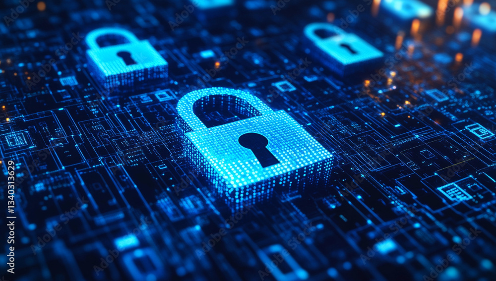 Poster digital padlocks glow on circuit board, symbolizing cybersecurity and data protection. blue hue and 