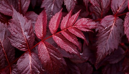 dark burgundy red texture of Astilbe japonica leaves in water drops after rain- 81030