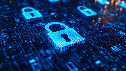 Digital padlocks glow on circuit board, symbolizing cybersecurity and data protection. blue hue and intricate design convey sense of security and technological advancement