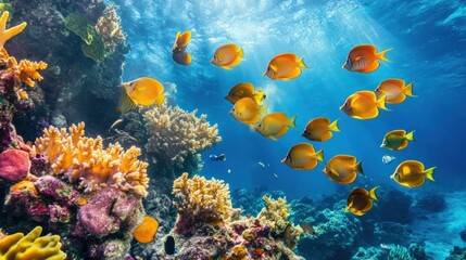 Naklejka premium A vibrant school of tropical fish swimming near a colorful coral reef --ar 16:9 --v 6.1 Job ID: bb4b00b7-880e-4e62-ab80-8d2a364474af