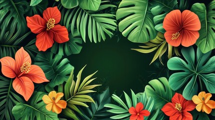 Vibrant tropical floral arrangement with hibiscus flowers and monstera leaves in a lush botanical garden setting creating a natural frame