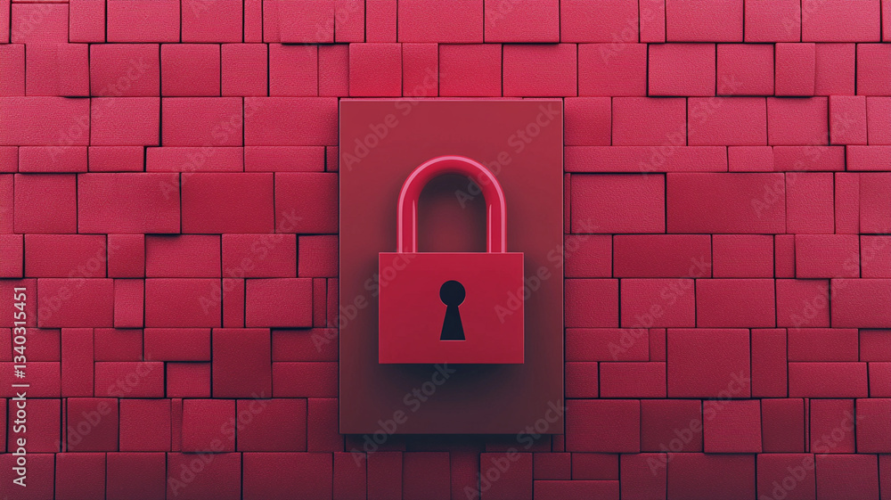 Poster red padlock is centered on textured red brick wall, symbolizing cybersecurity and data protection. i