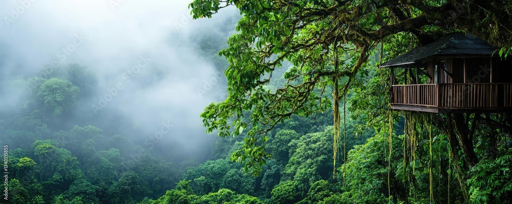 Poster treehouse in the woods landscapes concept. a scenic treehouse nestled amidst lush, green rainforest 
