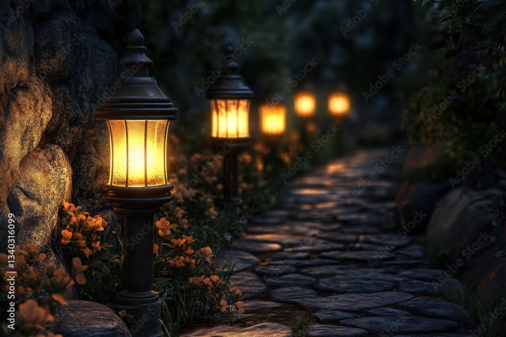 Poster a row of lights on a path with a green bush in the background