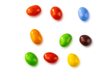 Colorful chocolate coated candies isolated on white background. Top view of Colorful sugar coated peanuts, bonbons, chocolate coated nuts background. png file, transparent background