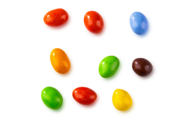 Colorful chocolate coated candies isolated on white background. Top view of Colorful sugar coated peanuts, bonbons, chocolate coated nuts background. png file, transparent background