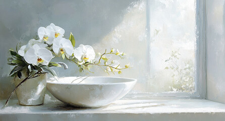 serene close up of white sink adorned with elegant white orchids, set against softly lit window, creating tranquil and refreshing atmosphere