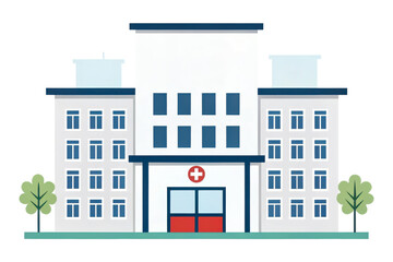 Naklejka premium A modern medical building featuring a red cross symbol, surrounded by greenery, designed in a clean, minimalist style.