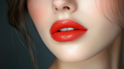 Close Up of Beautiful Lips with Bold Red Color and Smooth Skin Texture