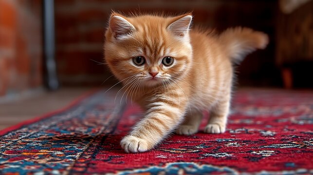 Adorable ginger kitten walking on a rug. - Powered by Adobe