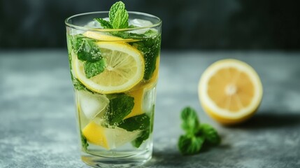 Fototapeta premium Glass of infused detox water with lemon and mint floating inside