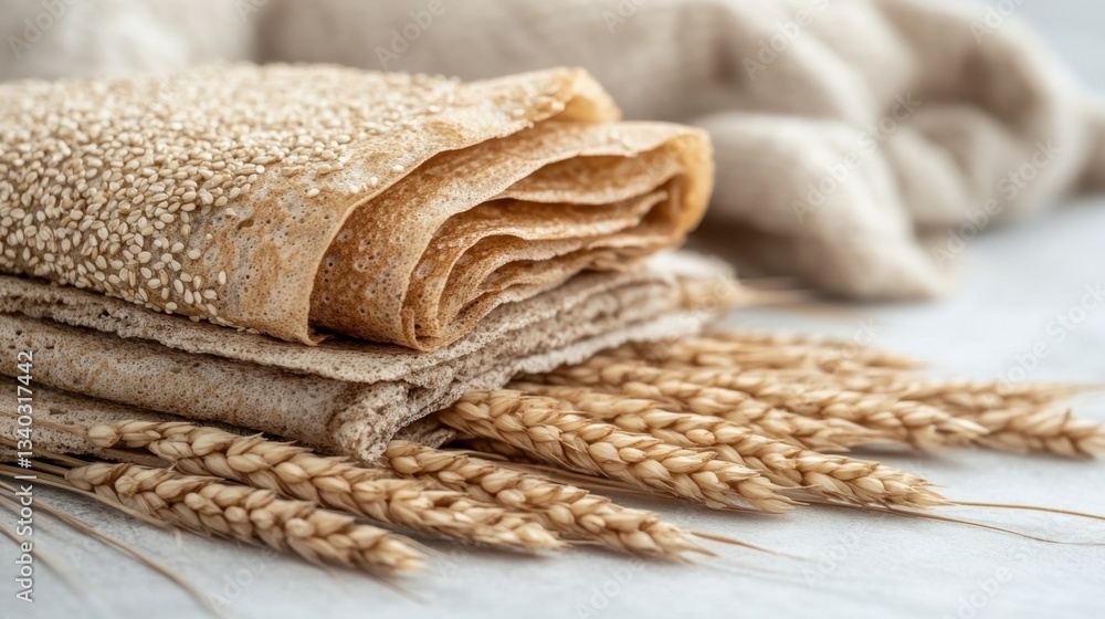 Poster rustic stack of sesame seed flatbreads with wheat stalks on a textured surface in soft natural light