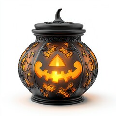 Decorative Halloween Lantern with Smiling Pumpkin Face and Intricate Leaf Details