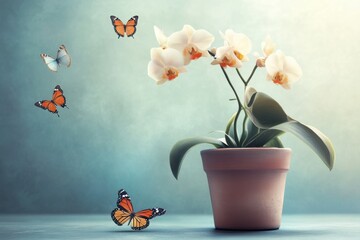 A vase with a white flower and a few butterflies flying around it