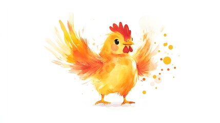 Watercolor illustration shows a small yellow chicken with red crest
