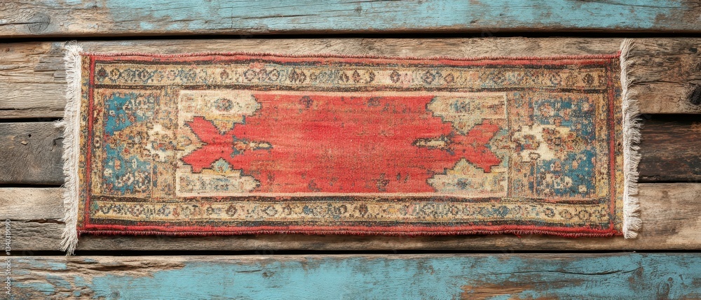 Aufkleber antique persian rug with intricate patterns on weathered turquoise wooden planks creating a rustic c