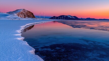 Naklejka premium Serene Winter Landscape with Icy Shore, Calm Water Reflection and Wind Turbines at Sunset