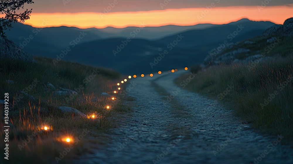 Aufkleber mountain range landscapes concept. a serene pathway illuminated by soft lights against a backdrop of