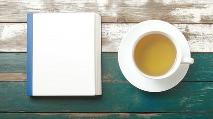 Fresh Tea and Blank Notebook on Rustic Wooden Table Setting for Cozy Moments or Workspace