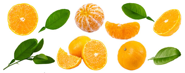 collection of orange fruits with green leaf isolated on white or transparent background. png file