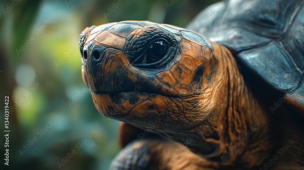 Poster close-up of a giant tortoise with textured shell in lush greenery. wildlife nature concept