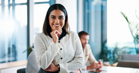 Corporate, office and portrait of business woman in meeting with confidence, pride and smile....