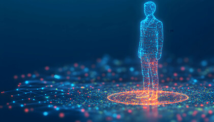 Abstract digital human figure standing on glowing network; futuristic concept of AI, technology, and data visualization.