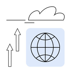 Cloud with horizontal line, three upward arrows, globe inside blue square. Ideal for technology, innovation, globalization, growth, progress cloud storage internet. Simple flat metaphor