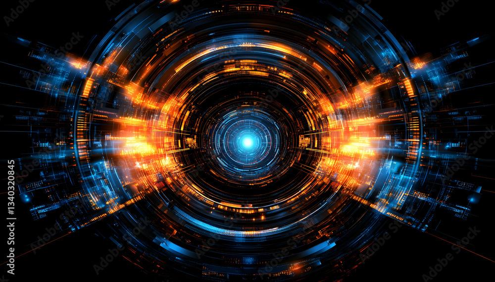 Poster abstract futuristic technology background. digital tunnel of glowing orange and blue concentric circ
