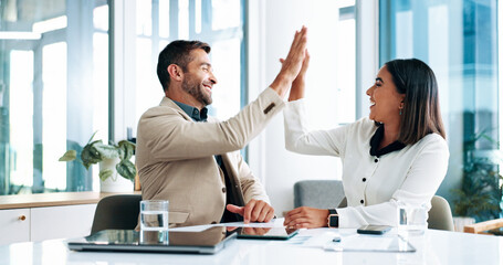 High five, teamwork and people with smile, business and happy for ad campaign performance and media...