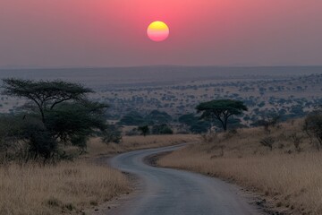 An acacia tree and a road at sunset, this beautiful African landscape prepares for a safari in the dangerous wilderness of the Kenyan savannahs with red skies and mountains as a back