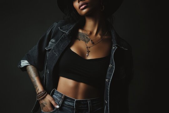 A woman in a black jacket and jeans is wearing a necklace and a hat