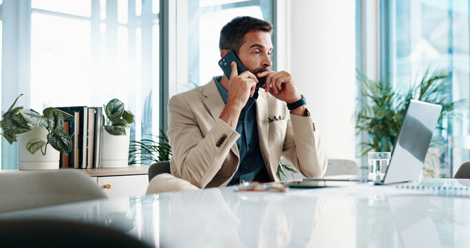 Phone call, thinking and business man on laptop for contact, online discussion or communication with anxiety. Corporate, company consultant and person on computer with doubt for client solution