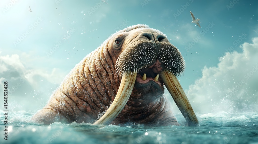 Poster a walrus resting peacefully on a floating ice sheet its long tusks and wrinkled skin covered in fros